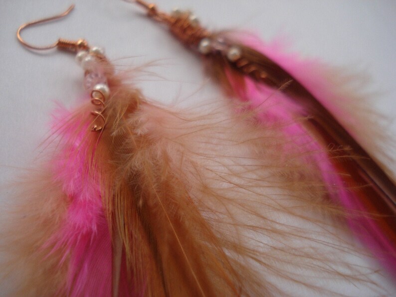 Handmade Pink and Copper Feather Earrings, Bohemian pink earrings, Copper and Pink Festival Earrings, Long Feathers Bright Shadows Jewelry image 2