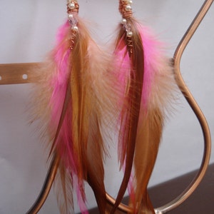 Handmade Pink and Copper Feather Earrings, Bohemian pink earrings, Copper and Pink Festival Earrings, Long Feathers Bright Shadows Jewelry image 5