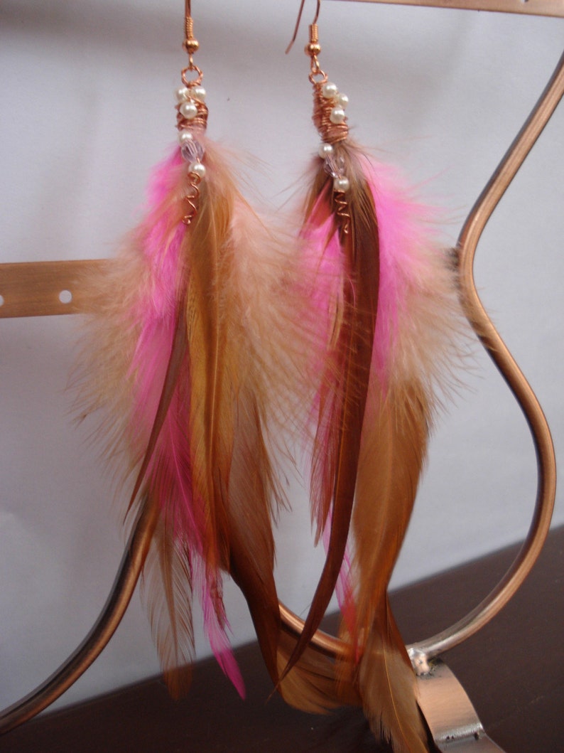 Handmade Pink and Copper Feather Earrings, Bohemian pink earrings, Copper and Pink Festival Earrings, Long Feathers Bright Shadows Jewelry image 5