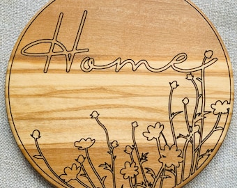 Olive Wood Coasters with Love or Home Flower Engraving -- Set of 4