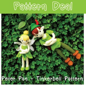 May include: Crochet pattern for Peter Pan and Tinkerbell. The pattern includes instructions for making both characters, which are shown in the image. The characters are made of green, white, and brown yarn and are lying on a bed of green leaves.