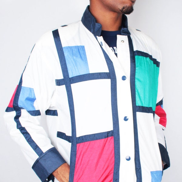 Vintage 90s Red White Blue Abstract Geo MONDRIAN Style Windbreaker // Unisex Vintage Jacket (sz M)