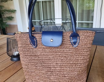 Handmade Medium Longchamp Raffia Bag, Woven Straw Tote Bag, Summer Beach Handbag, Boho Top Handle Bag, Shoulder Bag, dark naturel
