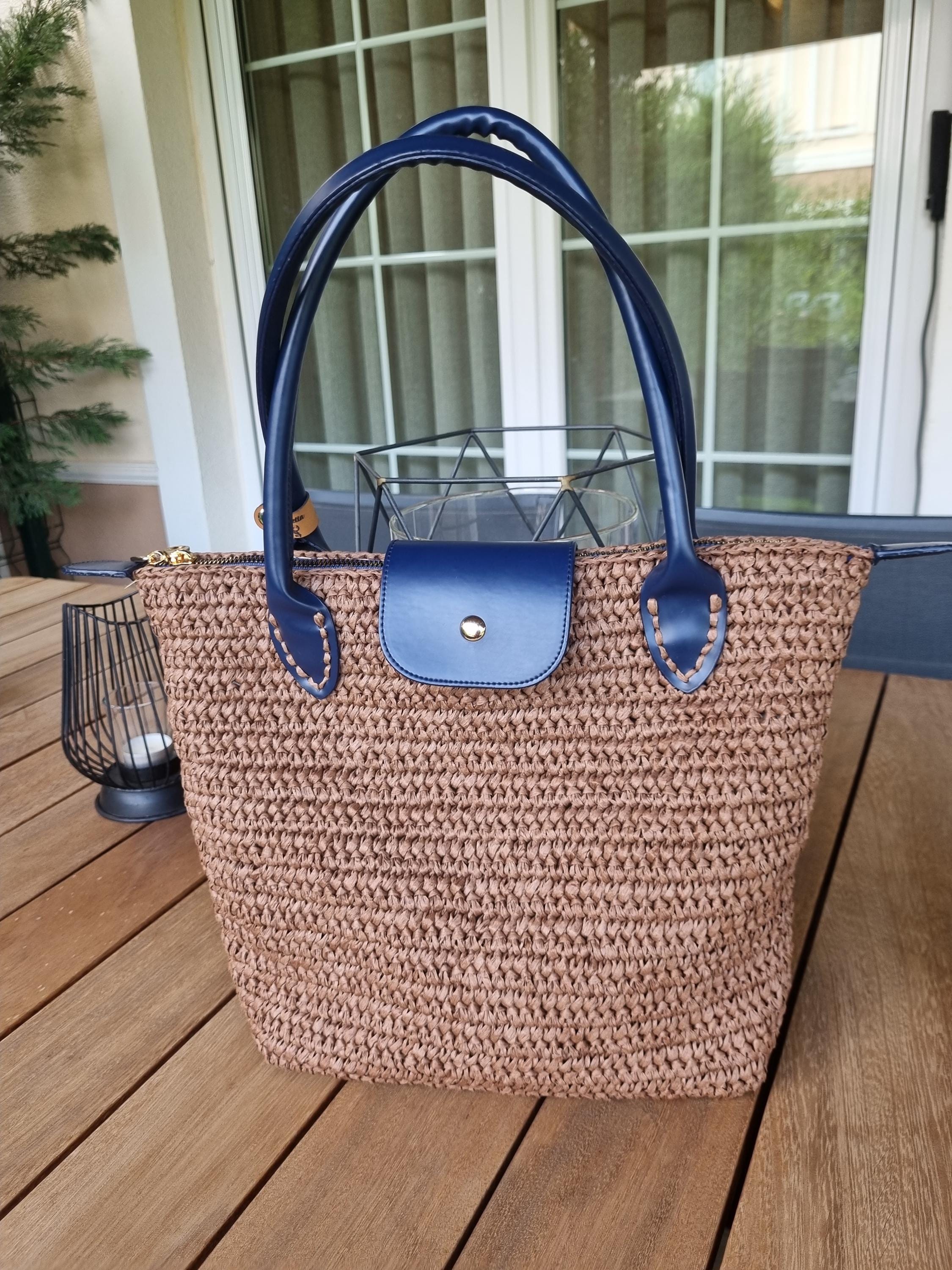 Handmade Medium Longchamp Raffia Bag, Woven Straw Tote Bag, Summer Beach Handbag, Boho Top Handle Bag, Shoulder Bag, dark naturel