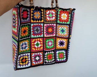 Bamboo Handle Handbag, Granny Square Bag , Shoulder bag in Vintage Style, Crochet Tote Bag, Retro Bag, Boho Bag, Summer Bag, Beach Bag