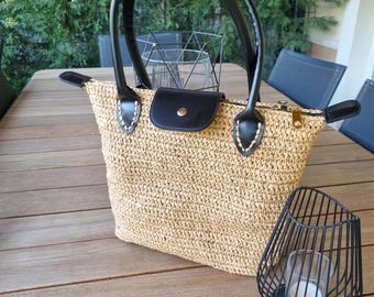 Handmade Medium Longchamp Raffia Bag, Woven Straw Tote Bag, Summer Beach Handbag, Boho Top Handle Bag, Shoulder Bag,naturel