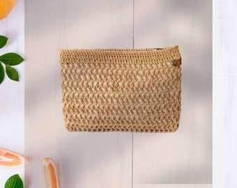 Raffia bag, Crochet clutch bag, Summer clutch bag, Paper rope knitted tan clutch,Straw crocheted clutch purse