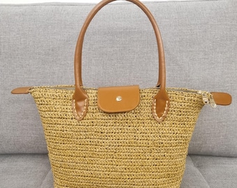 Handmade Medium Longchamp Raffia Bag, Woven Straw Tote Bag, Summer Beach Handbag, Boho Top Handle Bag,  Shoulder Bag, Natural color