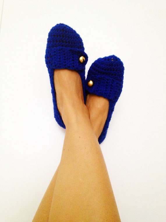 Navy blue With Gold Color Button Crochet Womens Slippers | Etsy