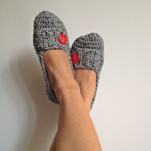 Grey Tweed Crochet Womens Slippers, Ballet Flats, House Shoes