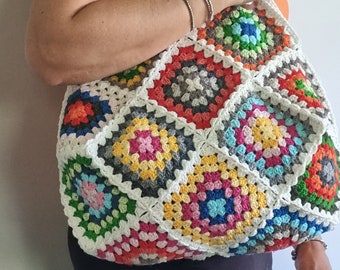 Beige Color, Leather Handle, Lined, Crocheted Vintage Tote Bag, Stylish Bag, Granny Square Bag, Retro Bag, Vintage Style, Women's Bag