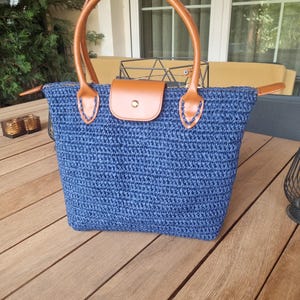 Handmade Medium Longchamp Raffia Bag, Woven Straw Tote Bag, Summer Beach Handbag, Boho Top Handle Bag, Shoulder Bag, dark blue