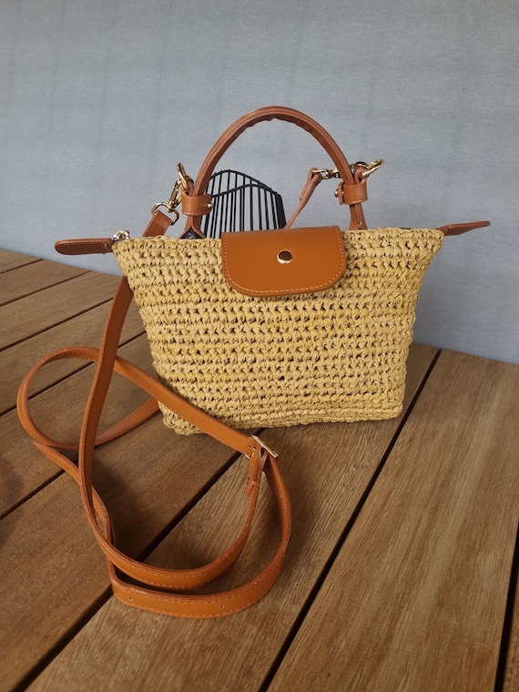 Raffia Longchamp Mini Bag,Vintage crochet bag, TopHandle bag, Classic tote bag, Everyday purse bag, Crochet Straw bag, naturel