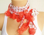 Spring Summer White Orange Floral Cotton Triangle Turkish Yemeni Scarf With Orange Lace