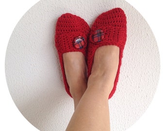 Crochet Womens Slippers With Plaid Button, Ballet Flats, House Shoes