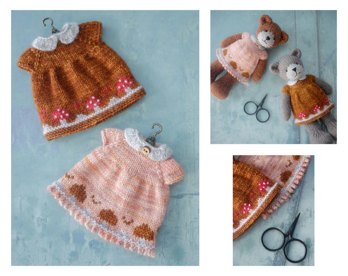 New! 'Woodland Bear Party Dress' knitting pattern/ Toadstools/ Mushrooms/ Doll Clothes/ For 20cm/8" Little Tearoom Bears
