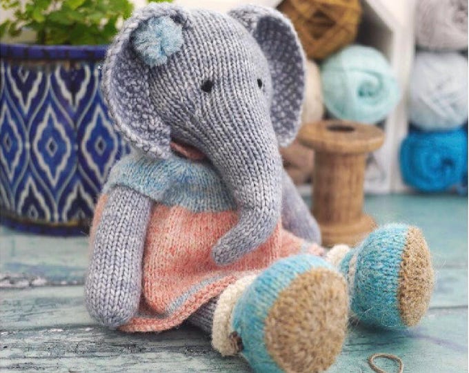 Tearoom Girl Elephant Knitting Pattern: (11.2"/28.5cm) Elephant in a Dress, In the round, PDF Pattern