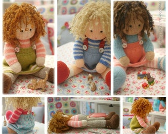 Dolls from the TEAROOM/ Toy Knitting Patterns/ 4 variations Knitted Dolls plus Free project for A Simply Sewn Pinafore/ Back & Forth