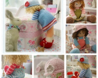 Offre de modèles de tricot pour poupées/ 4 poupées et chapeaux pour salon de thé/ plus le modèle « tablier cousu » gratuit/ aller-retour