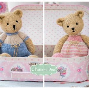 May include: Two knitted teddy bears, one in a blue outfit and one in a pink and white striped outfit, are sitting inside a pink and white suitcase with a floral pattern. The suitcase has a handle and a label that says "2 Pattern Deal".