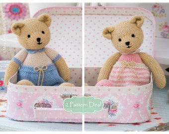 2 Teddy Bear Knitting Pattern Deal/ TEAROOM Girl and Boy Bear Toy Patterns/ 11" Bears in the round
