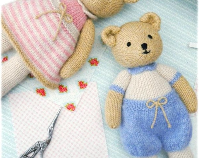 Tearoom Bears Knitting Pattern: (11”/28cm) Girl and Boy, In the round (PDF Pattern)