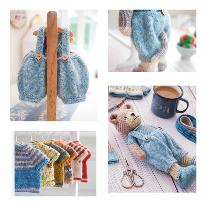K&ouml;nnte beinhalten: Eine Sammlung gestrickter Babykleidung, darunter ein blau-wei&szlig; gestreiftes Strampler, ein blau-wei&szlig; gestrickter Pullover und eine blau-wei&szlig; gestreifte Latzhose. Die Kleidung h&auml;ngt an einem Holzgestell.