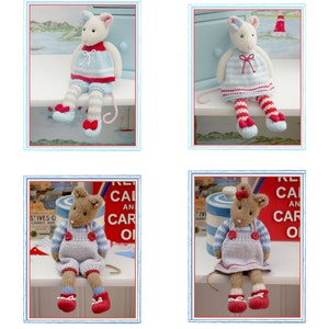 May include: Four knitted mouse toys, each wearing a different outfit. The mice are sitting on shelves with various backgrounds. The mice are all wearing red and white striped socks and red shoes.