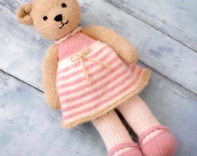 Girl Teddy Bear Knitting Pattern/ In the round/ TEAROOM Toy Knitted Bear Pattern/ 11" Bear