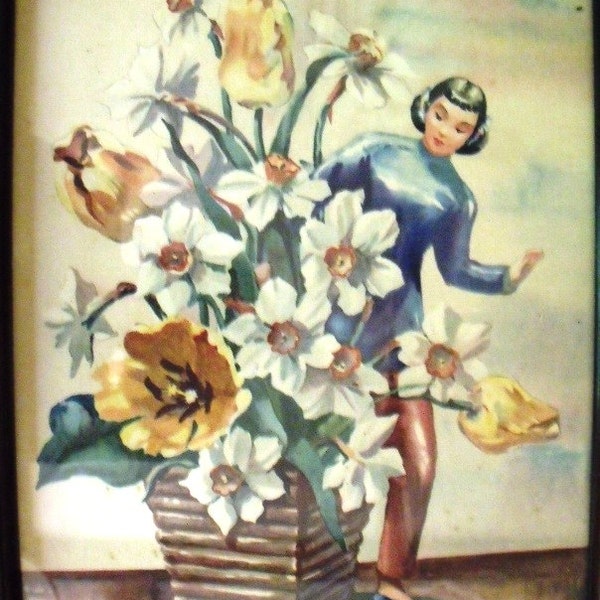 1940s-50s paar Aziatische/Oosterse meisjes met narcissen en tulpen ingelijste afdrukken