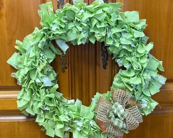 Spring Green Rag Wreath with Burlap & Green Gingham Bow | Farmhouse Front Door Wreath | St. Patrick’s Day Decor | Year Round