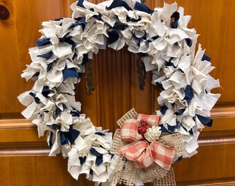 Navy & Cream Rag Wreath with Burlap + Gingham Bow | Farmhouse Front Door Wreath | Neutral Winter All-Season Decor | Handmade Rag Tie Wreath