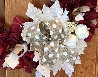 Burgundy & Cream Rag Wreath | Fall Door Wreath with Pumpkins | Rustic Farmhouse Autumn Decor