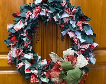 Handmade Christmas Rag Wreath w/ Bow | Rustic Farmhouse Holiday Door Decor | Red Green Plaid & Snowflake Fabric | Winter Entryway