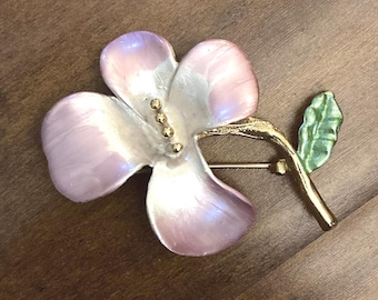 Vintage Pink Enamel and Gold Flower Brooch Pin