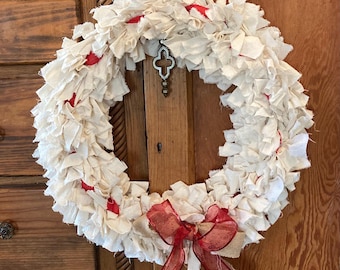 Cream Rag Wreath with Red Accents & Burlap Bow | Farmhouse Christmas Wreath | Winter Front Door Decor | Neutral Holiday Fabric Wreath
