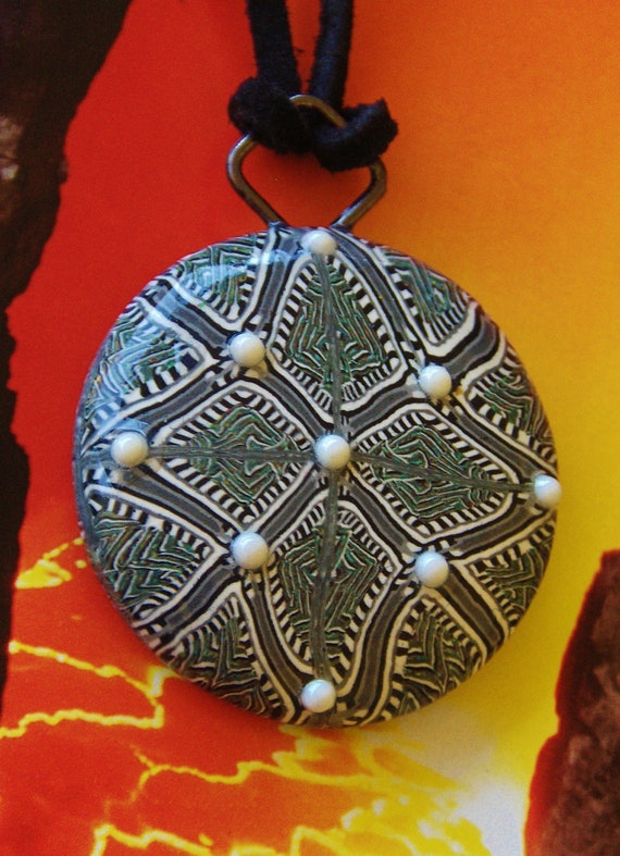 Items similar to Polymer Clay Cane Black and White ROUND Pendant ...