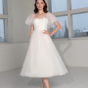 Glitter Tulle Midi Wedding Dress: Butterfly Sleeves, Tea Length