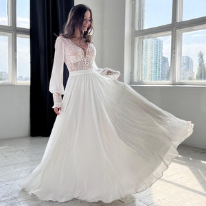 Lace Bodice Chiffon Wedding Dress: Bohemian Bridal Gown, Puffy Sleeves