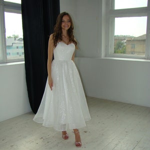 Sparkling midi wedding dress, glitter wedding dress