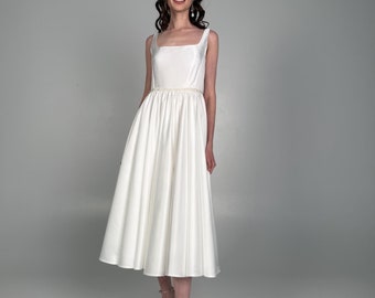 Satin Midi Wedding Dress: Simple Tea Length Bridal Gown