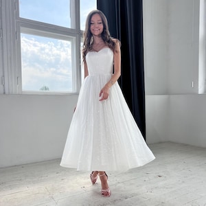 Sparking midi wedding dress, glitter short wedding dress, corset with sweetheart neckline, spaghetti straps, tea length circle skirt, reception dress, engagement dress