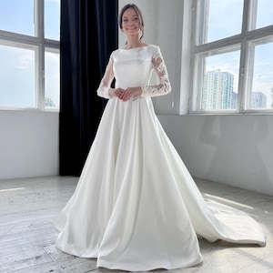 Satin Modest Wedding Dress: Long Sleeves, Cathedral Train, Winter Bridal Gown for Church Ceremony