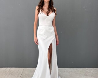 Sheath Wedding Dress with a Slit, Satin Long Dress, Civil Wedding Dress, Simple Wedding Dress, Slit Wedding Dress, Minimalist Wedding Dress