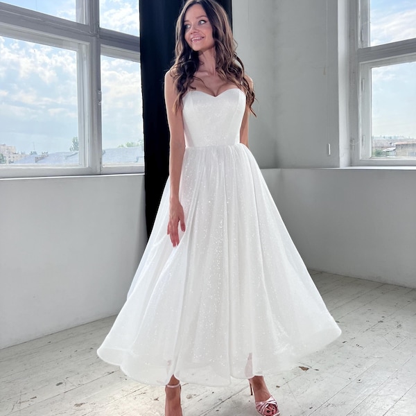 Sprankelende midi-trouwjurk: theelengte glitterjurk voor receptie, verloving, burgerlijke ceremonie