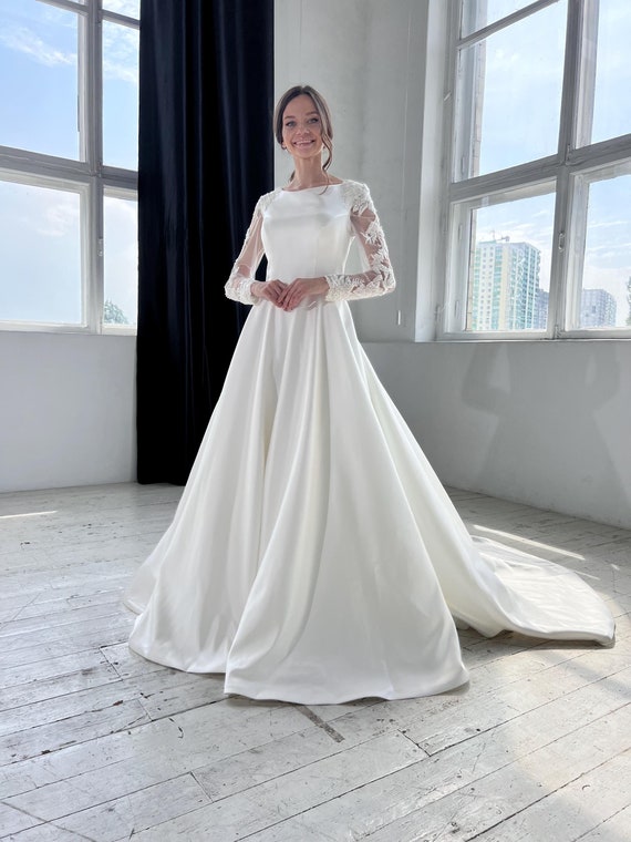 Satin Modest Wedding Dress: Long Sleeves