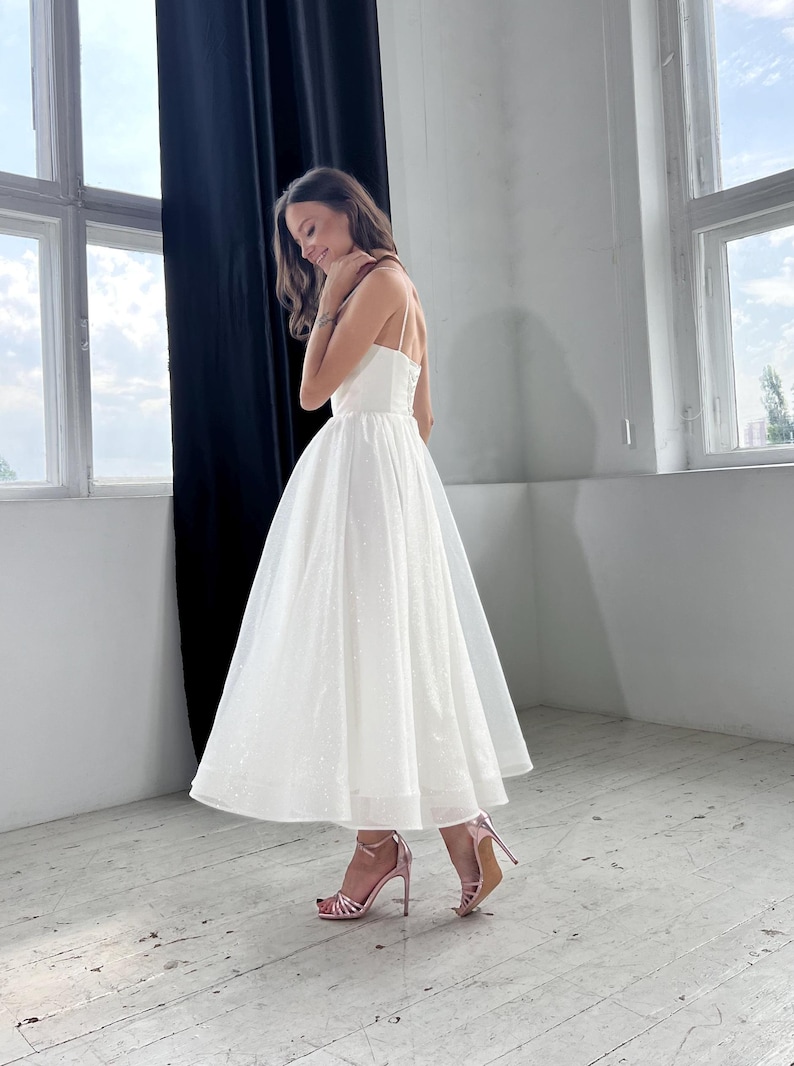 Midi wedding dress, sparkling dress, corset dress, glitter wedding dress, ankle length wedding dress
