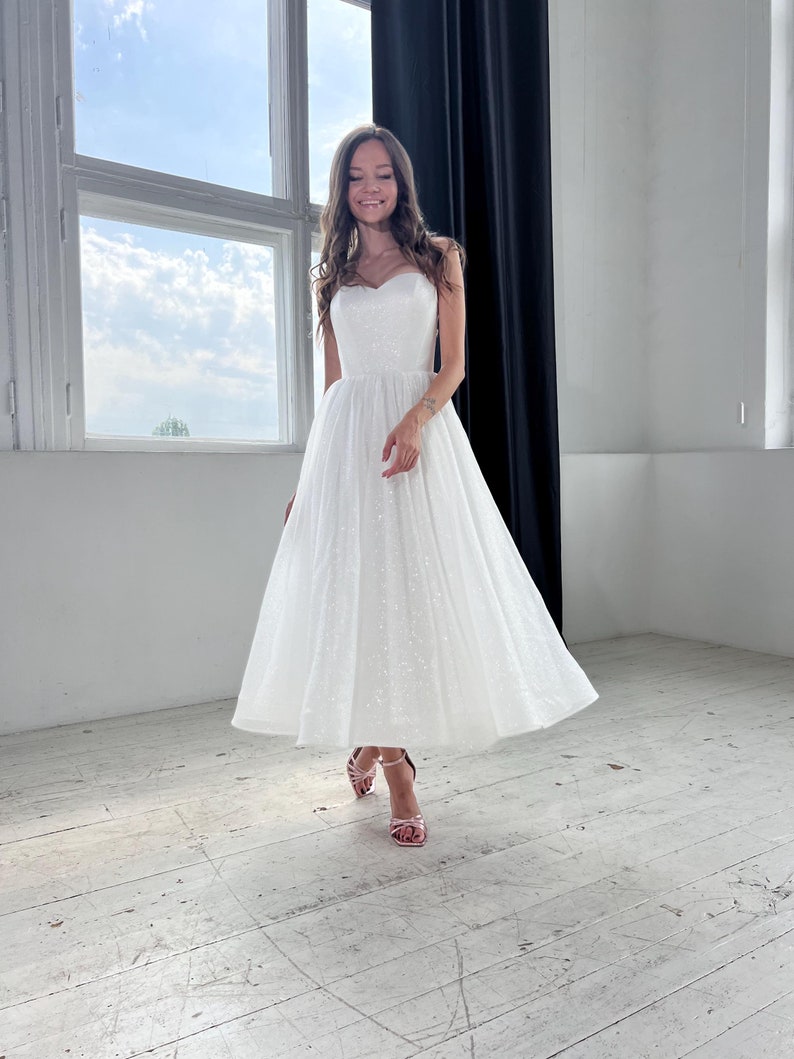 Sparking midi wedding dress, glitter short wedding dress, corset with sweetheart neckline, spaghetti straps, tea length circle skirt, reception dress, engagement dress