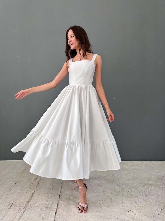 Satin Midi Wedding Dress: Tea Length Bridal Reception Gown Satin Midi Wedding Dress: Tea Length Bridal Reception Gown
