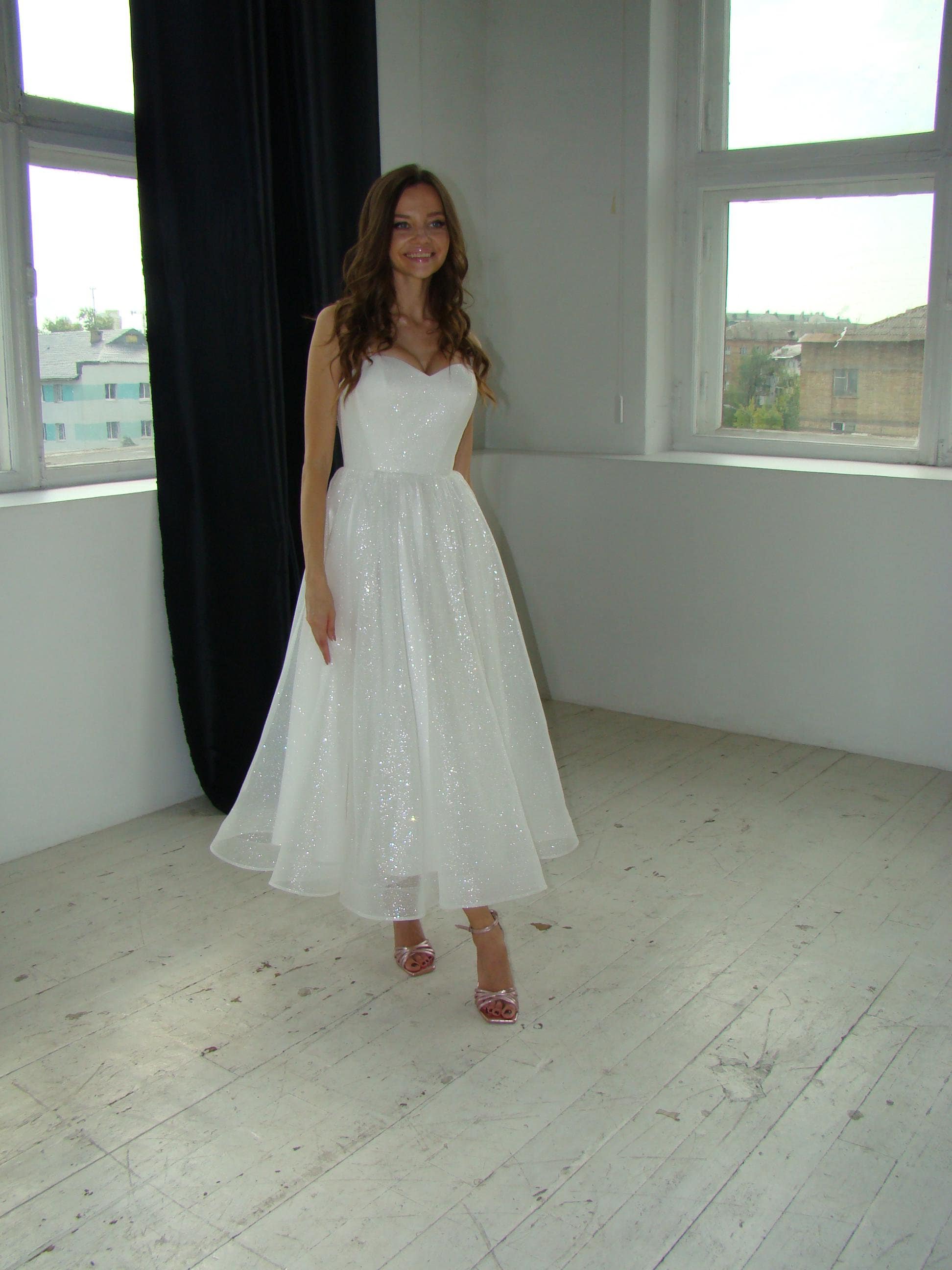 sparkly midi wedding dress Sweetheart Strapless Sparkly Pleated Midi A-Line Wedding Dress Liymc